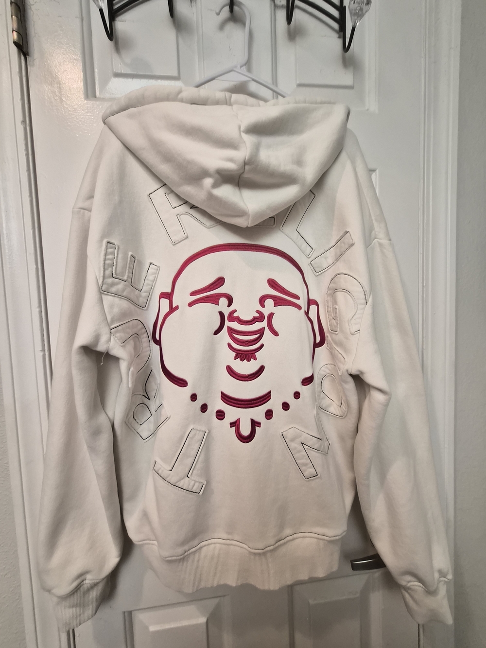 True Religion White Oversized Zip-Up Hoodie with Embroidered Red Graphic